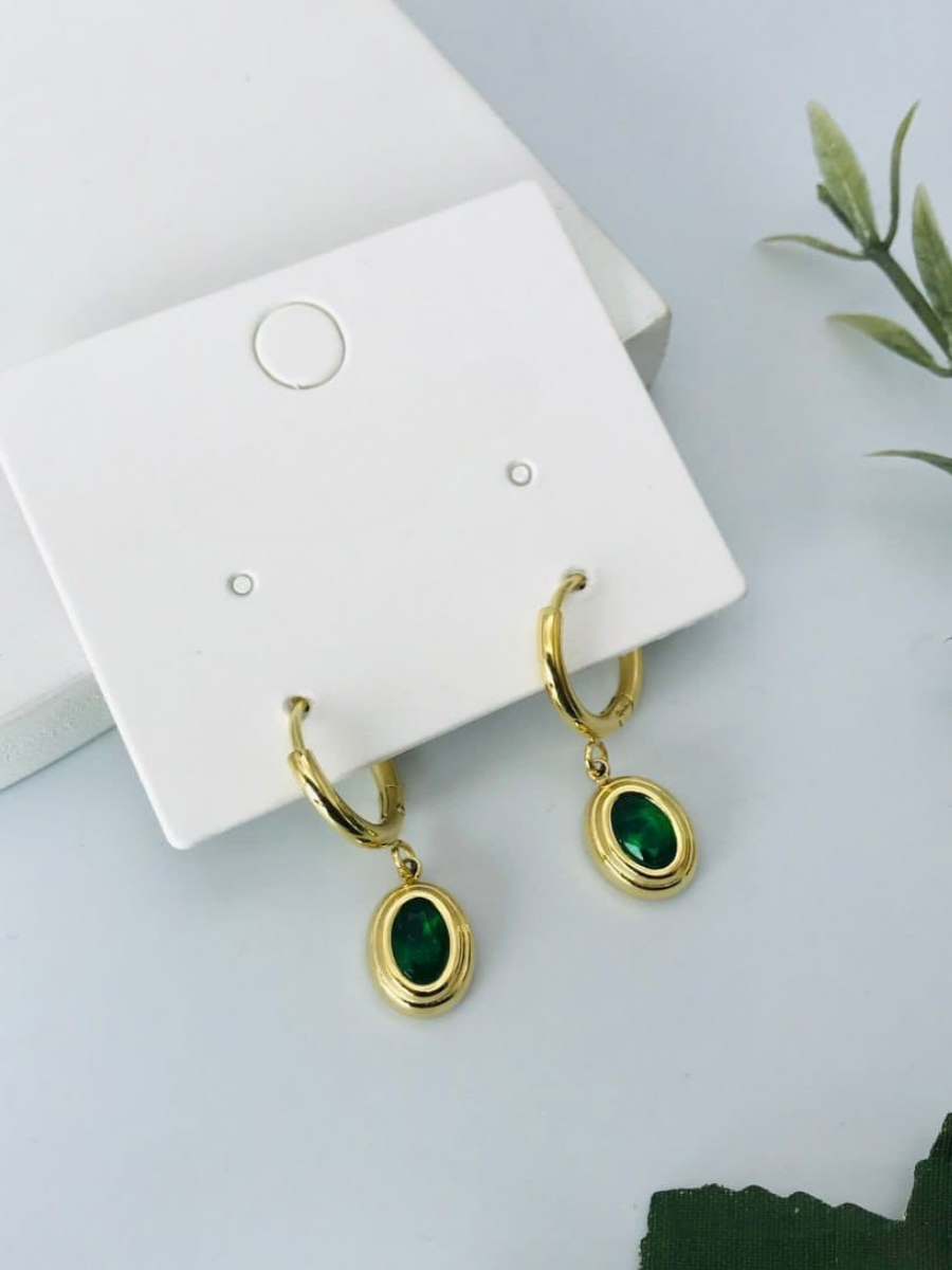 Trendy Green Stone Oval Drop Golden Huggie Hoop Earrings