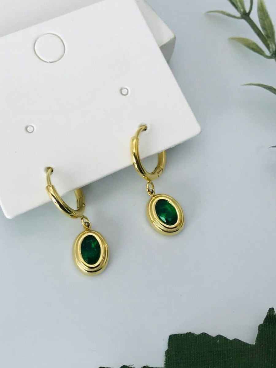 Trendy Green Stone Oval Drop Golden Huggie Hoop Earrings