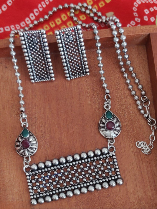 Trendy Long Oxidised Chain Necklace with Earrings