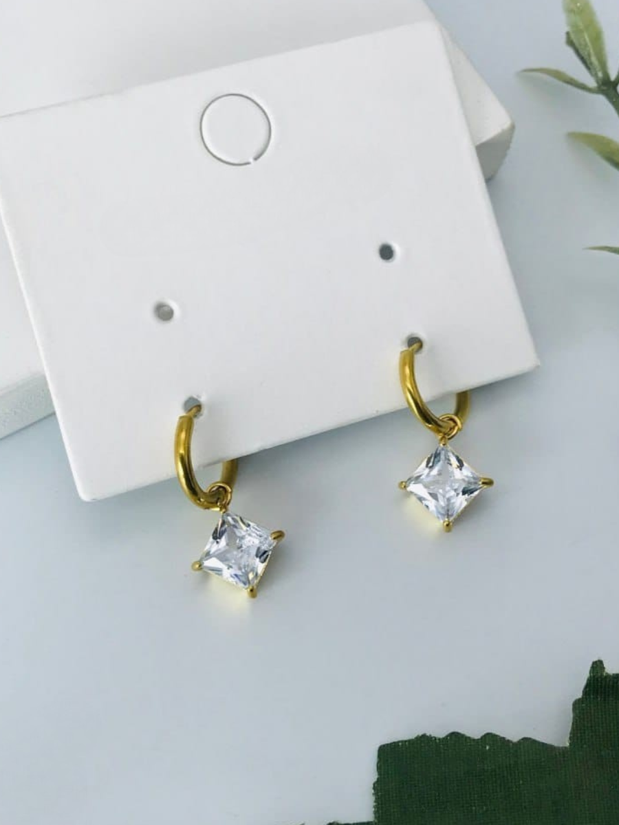 Trendy Square White Stone Drop Golden Huggie Hoop Earrings