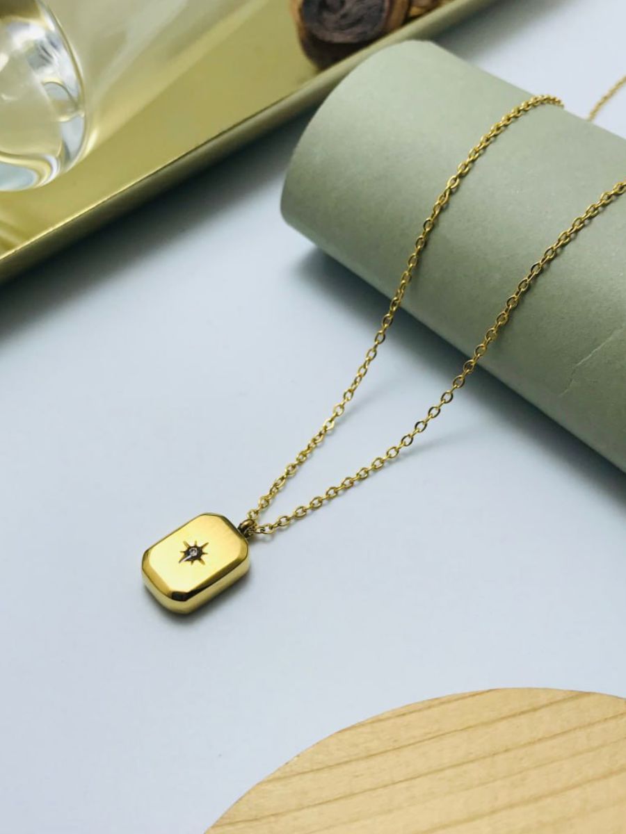 Trendy Tiny Star Rectangular Pendant Golden Necklace