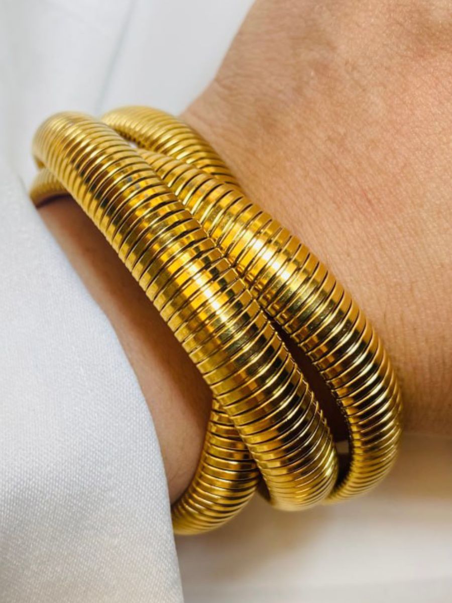 Triple Interlocked Stretchable Snake Chain Golden Bracelet