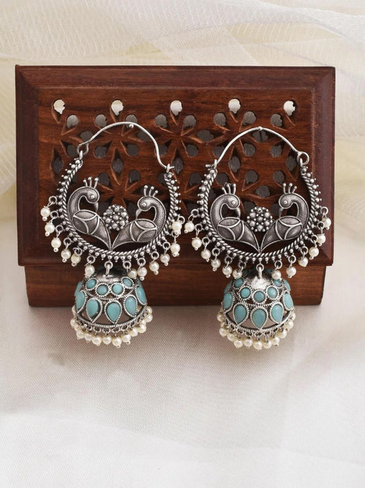 Buy Turquoise Stones Peacock Oxidised Silver Chandbali Jhumki Earrings Online - TheJewelbox