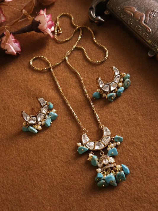 Buy Turquoise Stones Polki Kundan Long Chain Necklace Set - TheJewelbox
