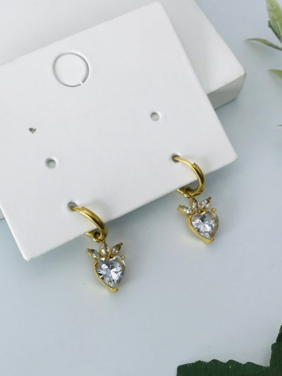 White Heart Stone Drop Golden Plated Huggie Hoop Earrings