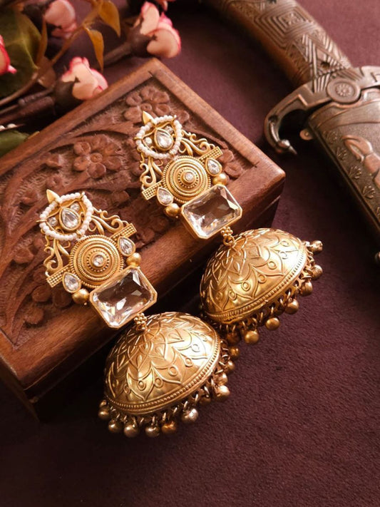 Buy White Monalisa Stone Golden Oxidised Jhumka Earrings Online - TheJewelbox