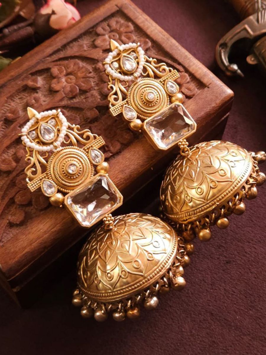 White Monalisa Stone Golden Oxidised Jhumka Earrings