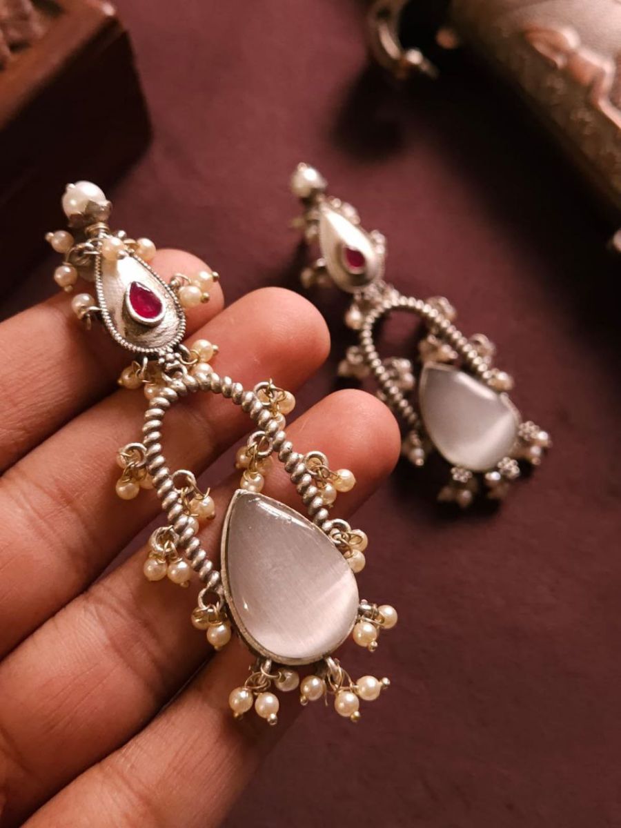 White Monalisa Stone Oxidised Silver Drop Earrings
