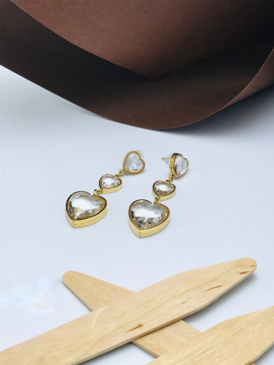 Buy White Stone Studded Three of Hearts Golden Drop Earrings – The Jewelbox