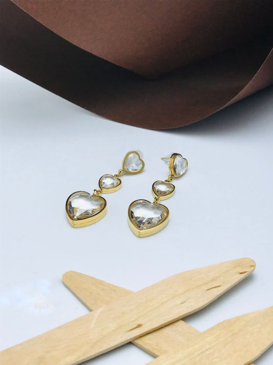 Buy White Stone Studded Three of Hearts Golden Drop Earrings - TheJewelbox