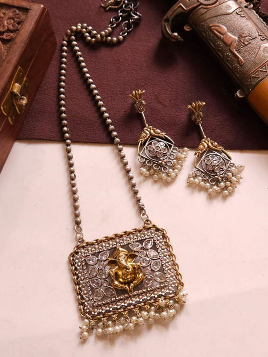 Buy White Stones Ganesha Pendant Oxidised Chain Necklace Set - TheJewelbox