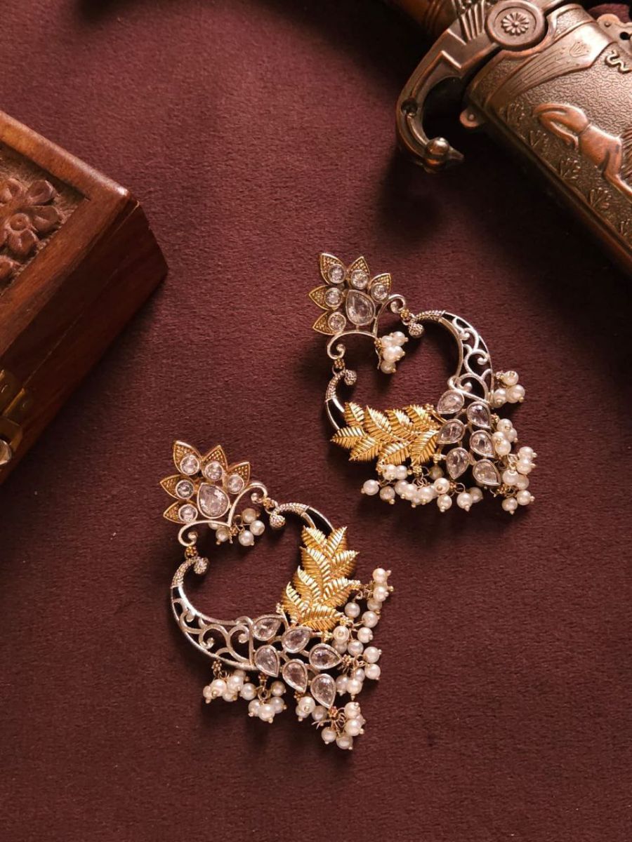 Buy White Stones Oxidised Silver and Golden Chandbali Earrings - TheJewelbox