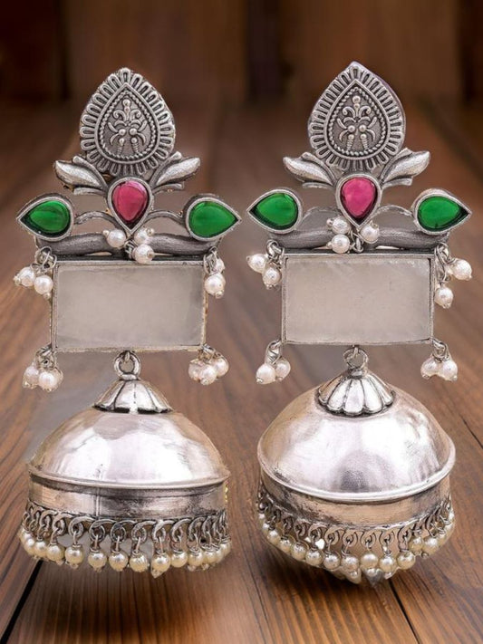 Buy White, Ruby and Green Stones Oxidised Silver Jhumka Earrings Online - TheJewelbox