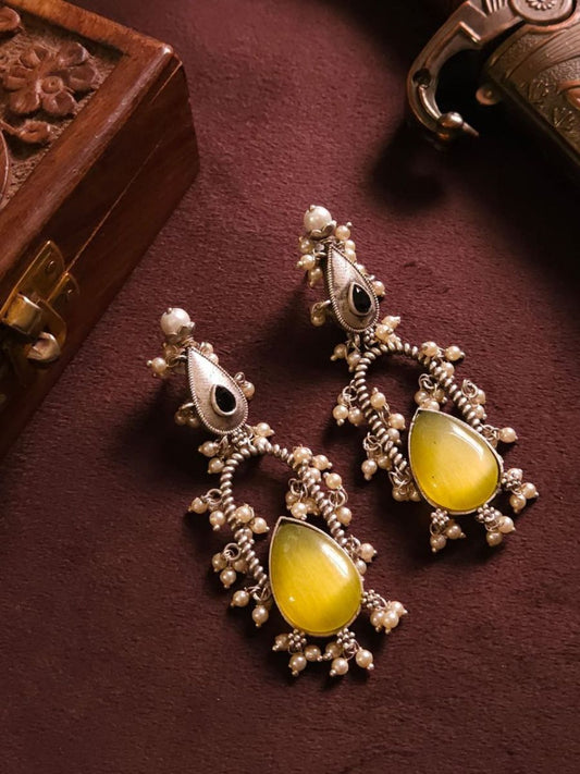Buy Yellow Monalisa Stone Oxidised Silver Drop Earrings - TheJewelbox