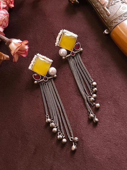 Buy Yellow Monalisa Stone and Pearl Long Oxidised Silver Earrings Online - TheJewelbox