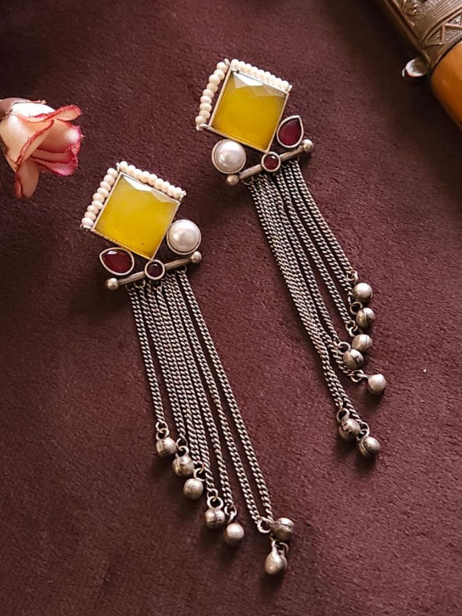 Yellow Monalisa Stone and Pearl Long Oxidised Silver Earrings