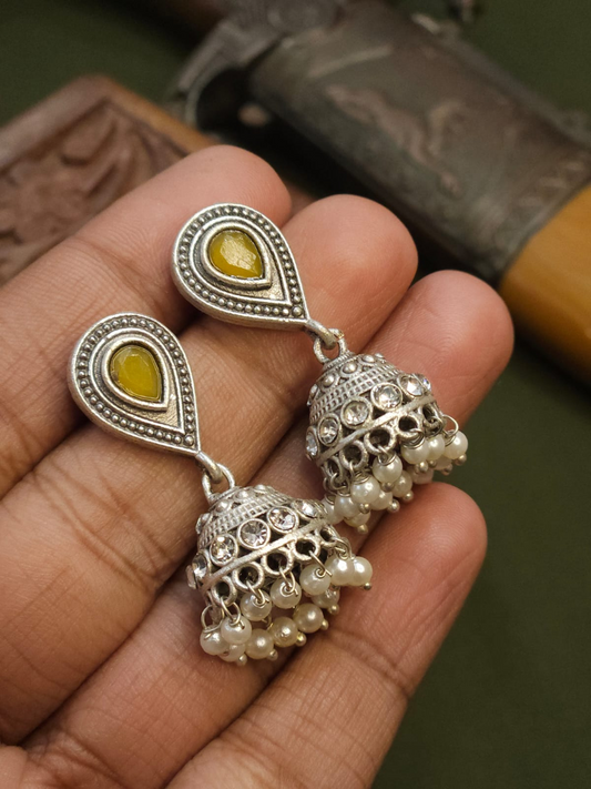 Buy Yellow Stone Studded Oxidised Silver Small Jhumka Earrings Online - theJewelbox