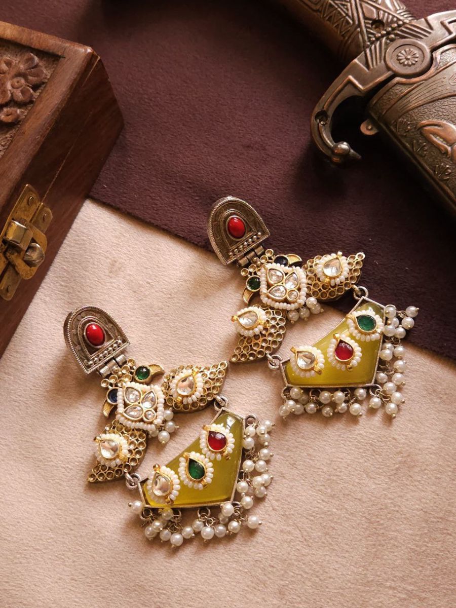 Buy Yellow Stone and Kundan Studded Dual Tone Oxidised Earrings - TheJewelbox