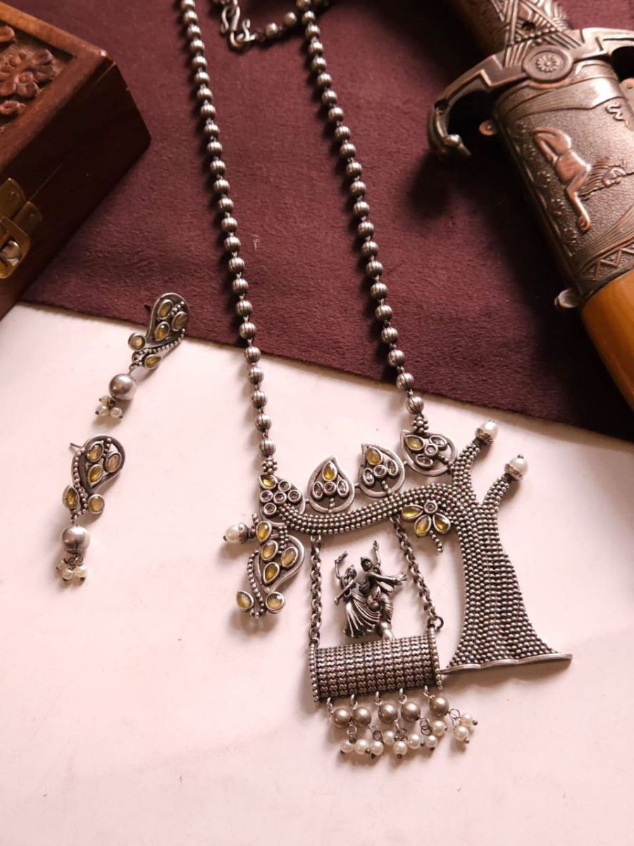 Buy Yellow Stones Radha Krishna Pendant Long Chain Necklace - TheJewelbox