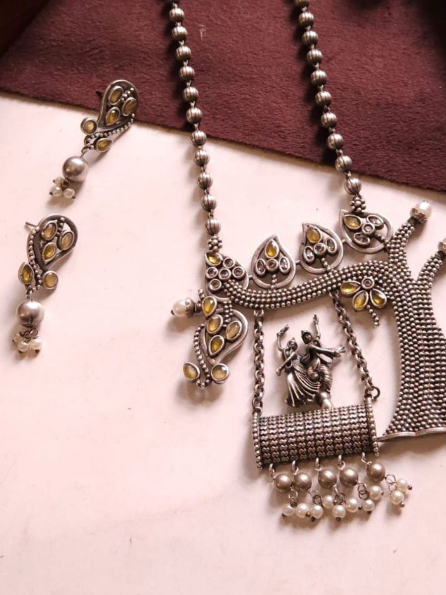 Yellow Stones Radha Krishna Pendant Long Chain Necklace