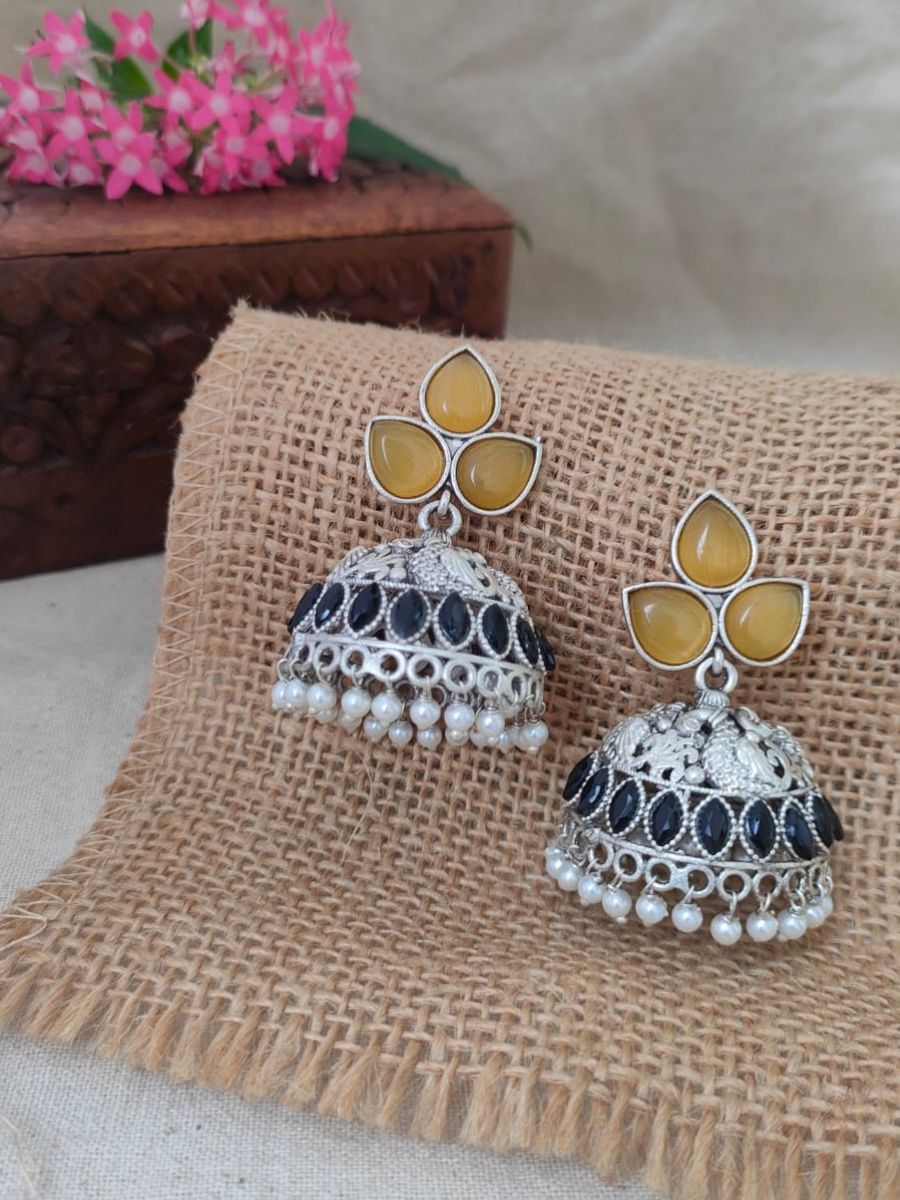 Buy Yellow and Black Peacock Style Oxidised Silver Jhumka Online - TheJewelbox