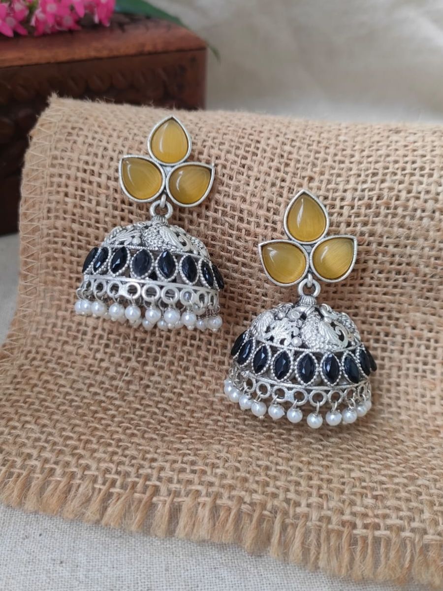 Yellow and Black Peacock Style Oxidised Silver Jhumka