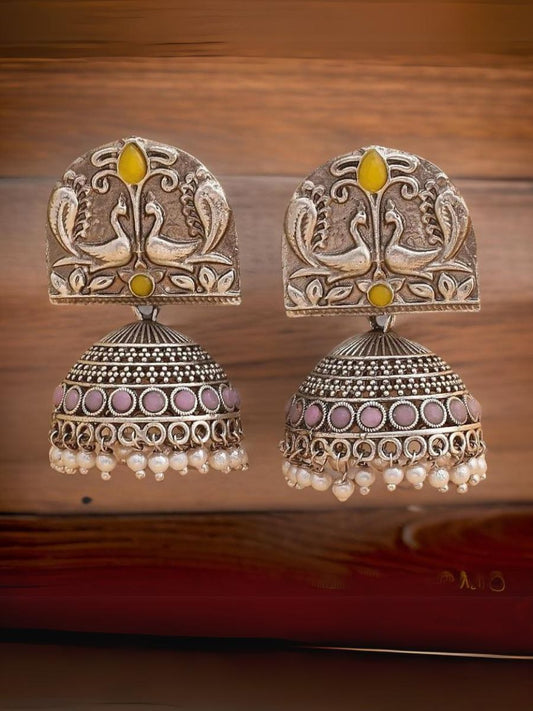 Buy Yellow and Pink Stone Oxidised Silver Jhumki Earrings Online - TheJewelbox