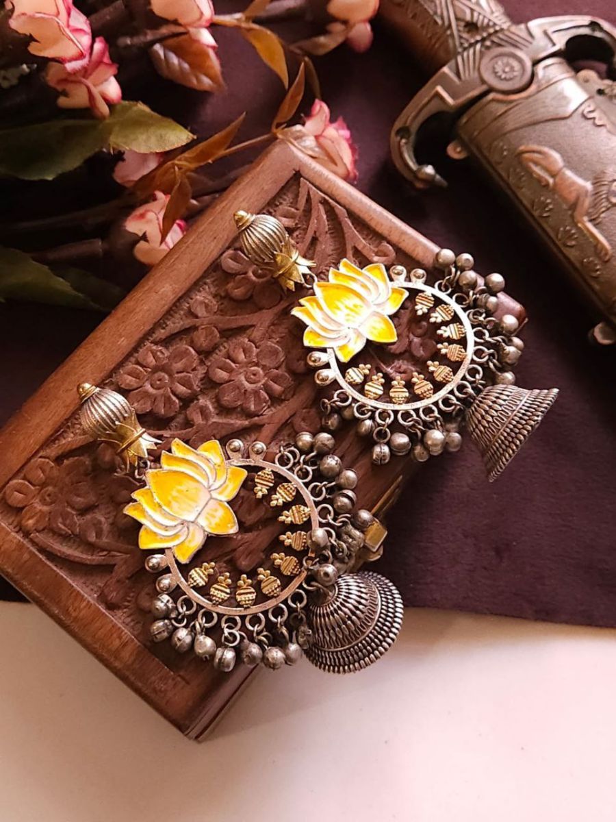Buy Yellow and White Hand Painted Lotus Style Jhumka Earrings - TheJewelbox
