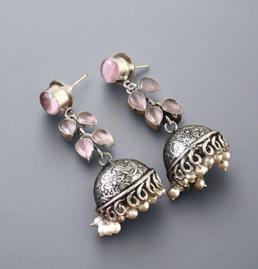 Baby Pink Oxidised Silver Small Jhumka Earrings