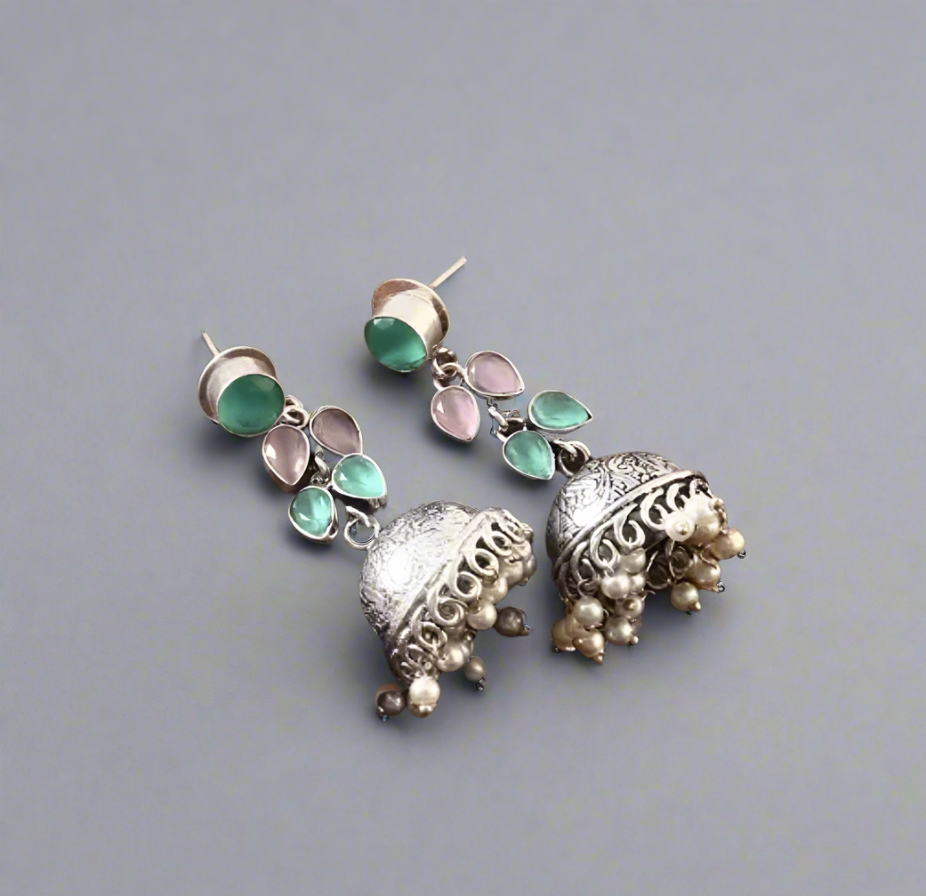 Baby Pink and Sea Green Oxidised Silver Small Jhumka Earrings